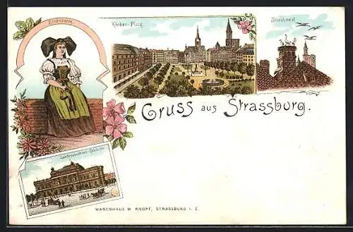 Lithographie Strassburg, Kleber-Platz, Storchnest, Landesausschuss-Gebäude, Elsässerin