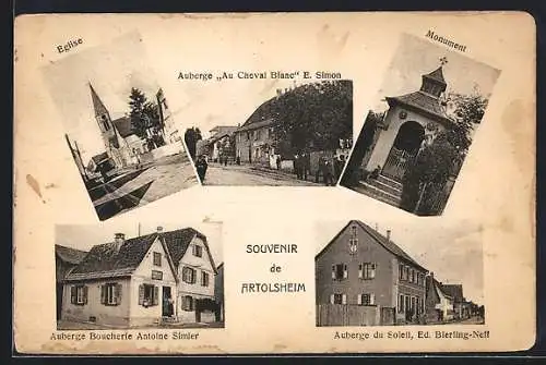 AK Artolsheim, Eglise, Auberge Au Cheval Blanc, Monument, Auberbe du Soleil, Ed. Bierling-Neff