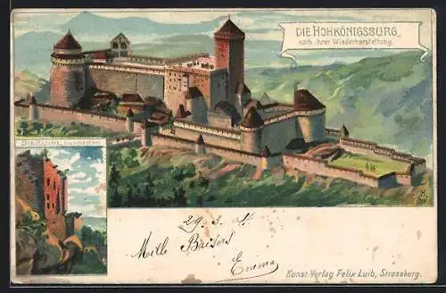 Lithographie Orschwiller, Hochkönigsburg nach ihrer Wiederherstellung, Ruine von Westen