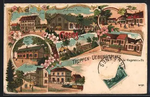 Lithographie Oberhofen, Truppenübungsplatz, Restaurant Hirsch, Bahnhof, Baracken, Depot Cantine, Hauptwache, Pavillon