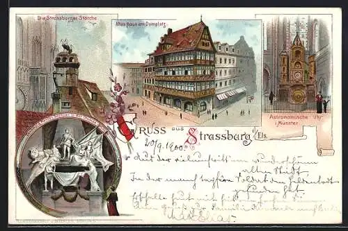 Lithographie Strassburg, Moritz v. Sachsen-Denkmal, Strassburger Störche, Domplatz, Astronomische Uhr im Münster