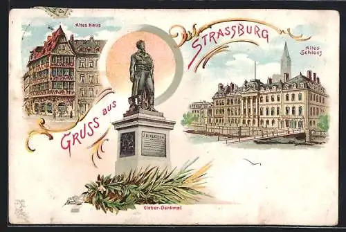 Lithographie Strassburg, Altes Schloss, Altes Haus, Kleber Denkmal