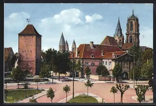 AK Schlettstadt, Hexenturm, Strassburger Tor und St. Georgs-Kirche