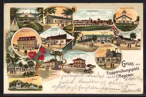 Lithographie Hagenau, Hotel Hirsch, Bahnhof Oberhofen, Restaurant zum Hohenzollern, Pavillon, Wirtschaft zum Schwan