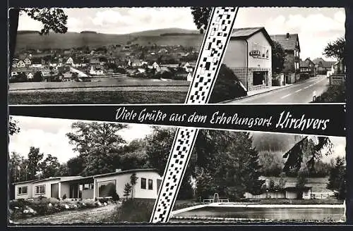 AK Kirchvers, Ortsansicht, Cafè-Bäckerei Ernst Naumann, Schwimmbad