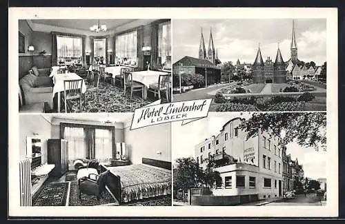 AK Lübeck, Hotel Pension Lindenhof mit Innenansicht