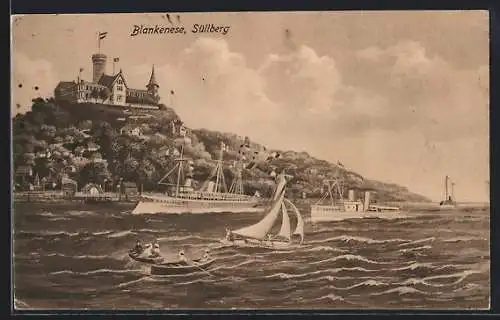 AK Hamburg-Blankenese, Blick vom Wasser zum Süllberg