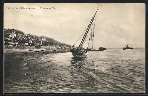 AK Hamburg-Blankenese, Strandpartie mit Segelboot