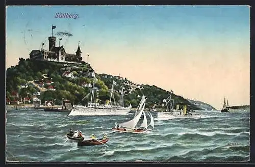 AK Hamburg-Blankenese, Blick auf den Süllberg, Dampfer, Segelboot, Ruderboote