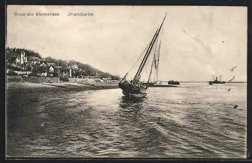 AK Hamburg-Blankenese, Strandpartie mit Segelboot