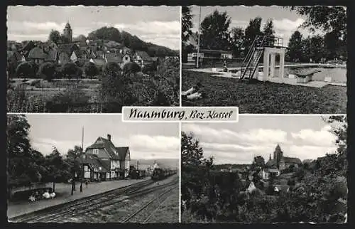 AK Naumburg /Kassel, Schwimmbad, Bahnhof