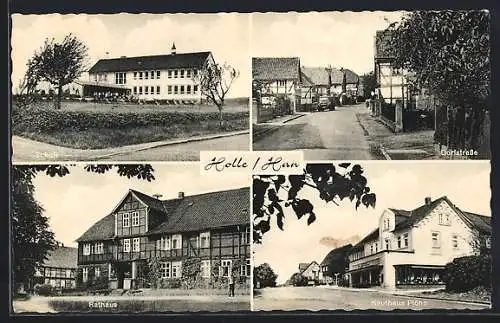 AK Holle /Han., Schule, Dorfstrasse, Rathaus, Kaufhaus Plöhn