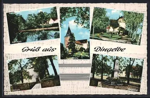 AK Dingelbe, Schule, Ehrenmal, St. Michael-Stift, Kirche, am Teich