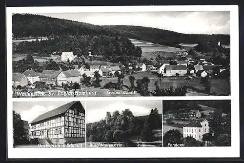 AK Wallenstein Kr. Fritzlar-Homberg, Gesamtansicht, Gastwirtschaft Schmidt, Burg Wallenstein, Forstamt