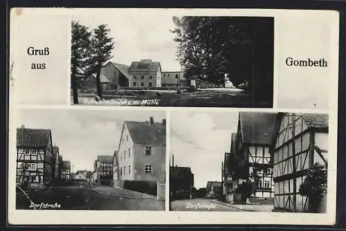 AK Gombeth, Schwalmbrücke mit Mühle, Dorfstrasse in zwei Ansichten