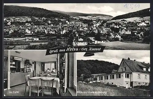 AK Helsa /Bez. Kassel, Blick auf Café Buchberg, Ortsansicht