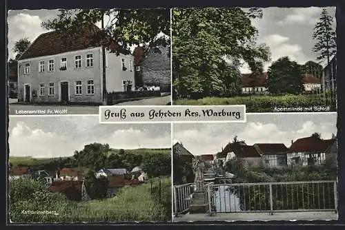 AK Gehrden Krs. Warburg, Lebensmittel Fr. Wolff, Apostellinde mit Schloss, Katharinenberg, Ehrenmal