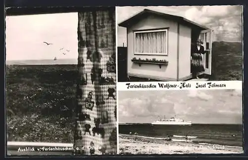 AK Insel Fehmarn, Ferinhäuschen Wulfener-Hals, Ausblick v. Ferienhäuschen a. d. Ostsee, Hochseefähre Deutschland