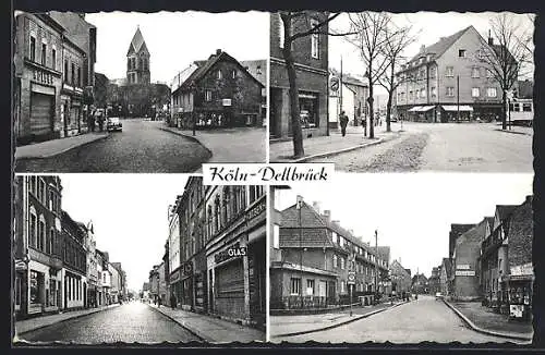 AK Köln-Dellbrück, Strasse mit Blick zur Kirche, Strassenpartie mit Geschäften