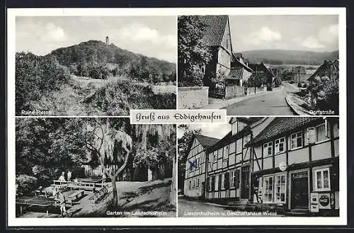 AK Eddigehausen, Ruine Plesse, Dorfstrasse, Garten im Landschulheim, Landschulheim u. Geschäftshaus Wiese