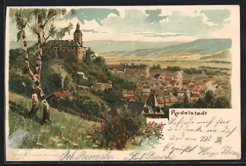 Lithographie Rudolstadt, Totalansicht von einen Berg aus