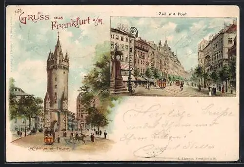 Lithographie Frankfurt a / M., Eschenheimer Turm, Zeil mit Post