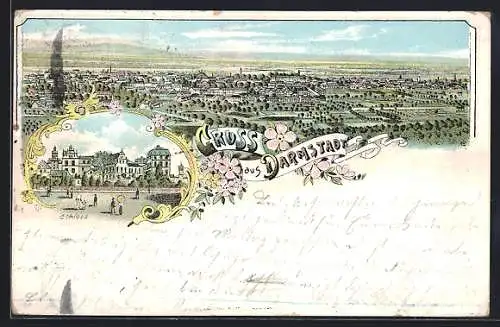 Lithographie Darmstadt, Totalansicht und Schloss