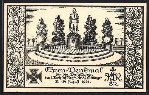 AK Göttingen, Ehren-Denkmal für die Gefallenen des 2. Kurh. Inf.-Regts. Nr. 82, August 1925