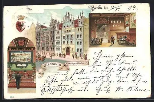 Lithographie Berlin, Siechens Nürnberger-Bierhaus in der Behrenstrasse mit Innenansicht