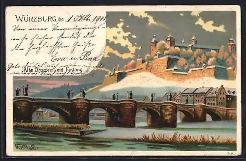 Lithographie Würzburg, alte Brücke mit Festung