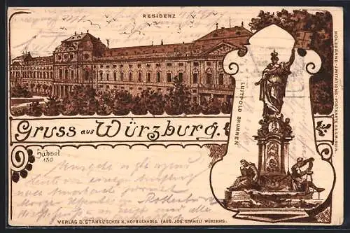 Künstler-AK Würzburg, Residenz mit Luitpoldbrunnen