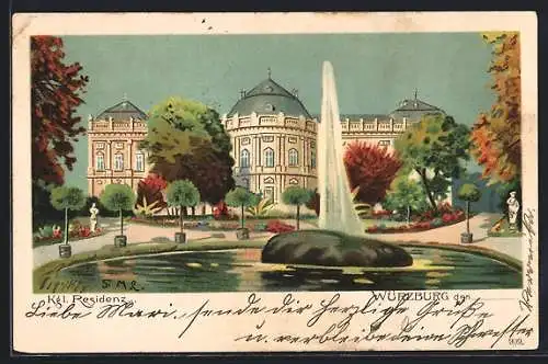 Lithographie Würzburg, Park mit Wasserspiel vor der kgl. Residenz