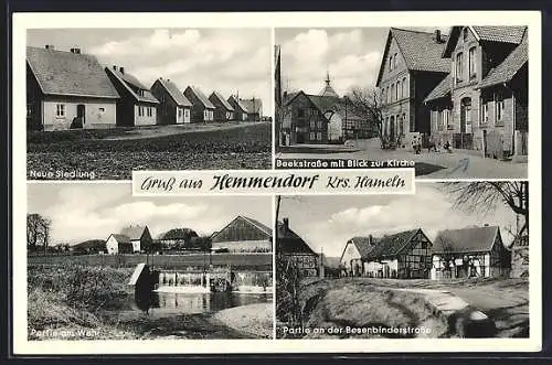 AK Hemmendorf Krs. Hameln, Neue Siedlung, Beekstrasse mit Blick zur Kirche, Partie am Wehr, Besenbinderstrasse