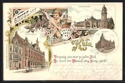 Lithographie Köln, Hauptbahnhof, Reichsbahn, Postamt, Engel mit Wappen