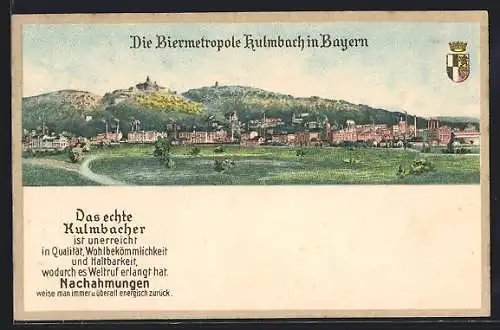 Lithographie Kulmbach i. Bayern, Ortspanorama mit Brauerei