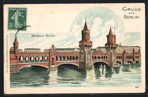 Lithographie Berlin-Friedrichshain, Totalansicht von der Oberbaum-Brücke