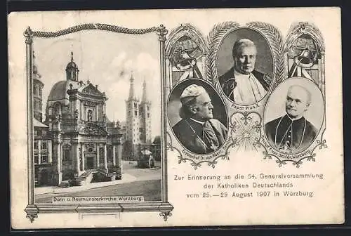 AK Würzburg, 54. Generalversammlung Katoliken Deutschlands 1907, Papst Pius X., Dom & Neumünsterkirche