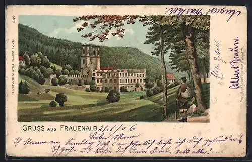 Lithographie Frauenalb, Blick zum Schloss