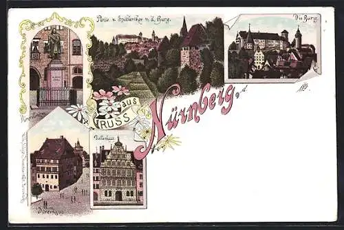 Lithographie Nürnberg, Dürerhaus, Dürerdenkmal, die Burg und Spittlertor