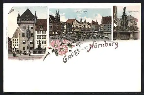 Lithographie Nürnberg, Nassauer-Haus, Der Markt, Tugendbrunnen