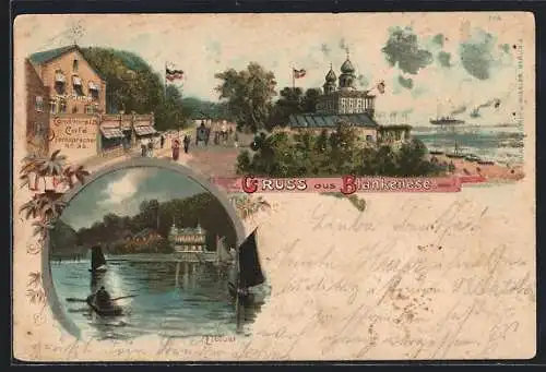 Lithographie Hamburg-Blankenese, Blick auf das Gasthaus Elblust