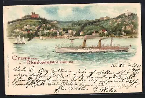 Lithographie Hamburg-Blankenese, Blick vom Wasser zur Stadt, Dampfer