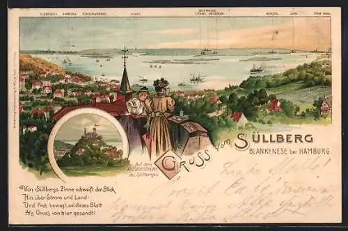 Lithographie Hamburg-Blankenese, Panorama vom Aussichtsturm Süllberg, Spruch