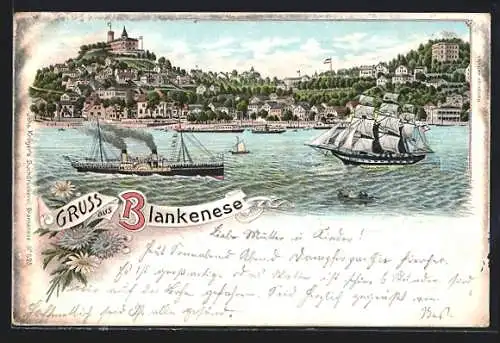 Lithographie Hamburg-Blankenese, Teilansicht mit Segelschiff und Dampfer