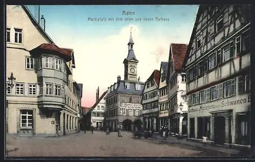 AK Aalen, Gasthaus u. Metzgerei zum Schwanen, Marktplatz mit altem und neuem Rathaus