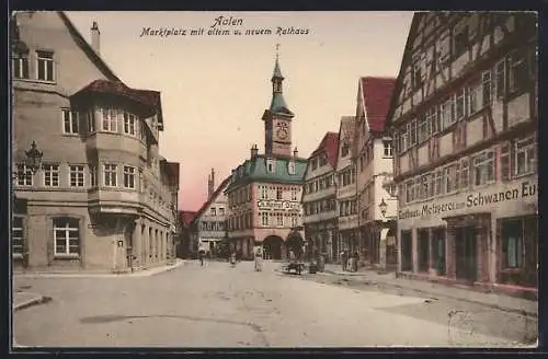 AK Aalen, Marktplatz mit altem & neuem Rathaus, Gasthaus & Metzgerei zum Schwan