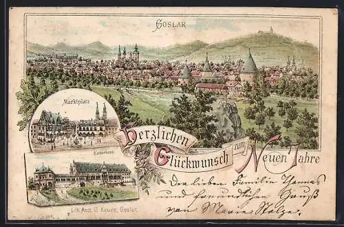 Lithographie Goslar, Stadtansicht, Marktplatz, Kaiserhaus