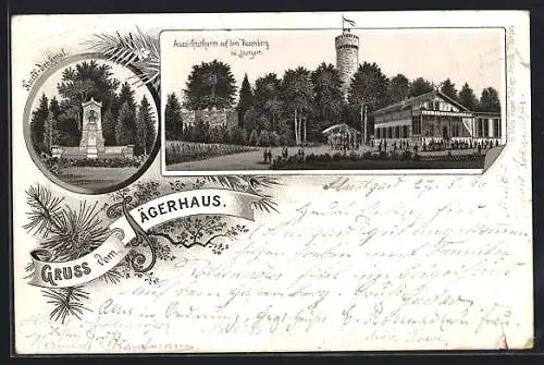 Lithographie Stuttgart, Aussichtsturm auf dem Hasenberg, Hauff-Denkmal, Jägerhaus