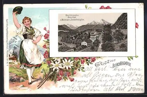 Passepartout-Lithographie Berchtesgaden, Mädchen in Tracht, Ortsansicht mit Watzmann und Schönfeldspitze