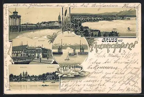 Lithographie Friedrichshafen, Bahnhof, Hafeneinfahrt, Schloss und Kurhaus